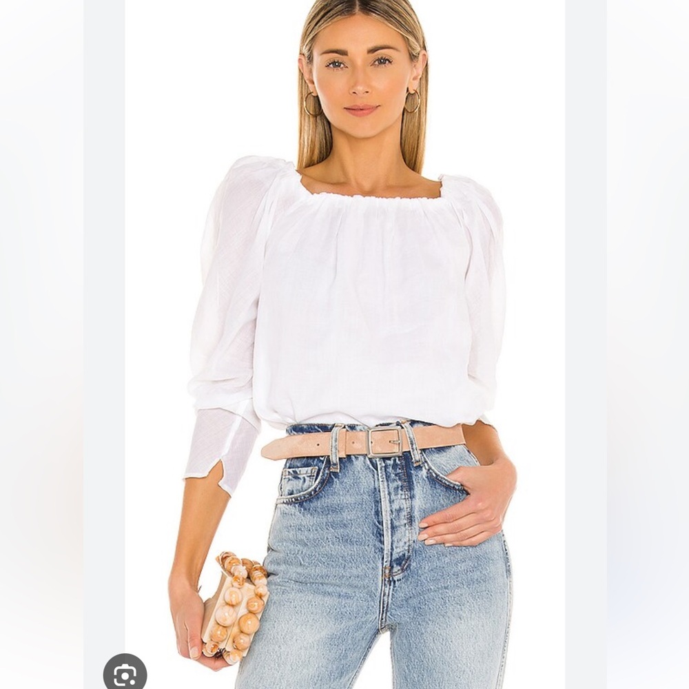 Frame white linen off the shoulder billow top